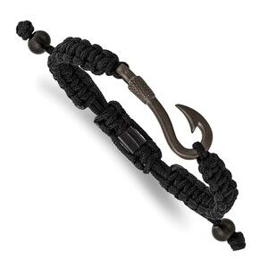 Steel Brushed Gun Metal IP-plated Fishing Hook Black Nylon Adjustable Bracelet